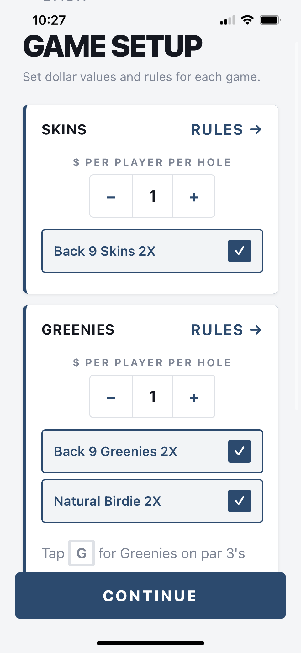 Game settings and stake configuration