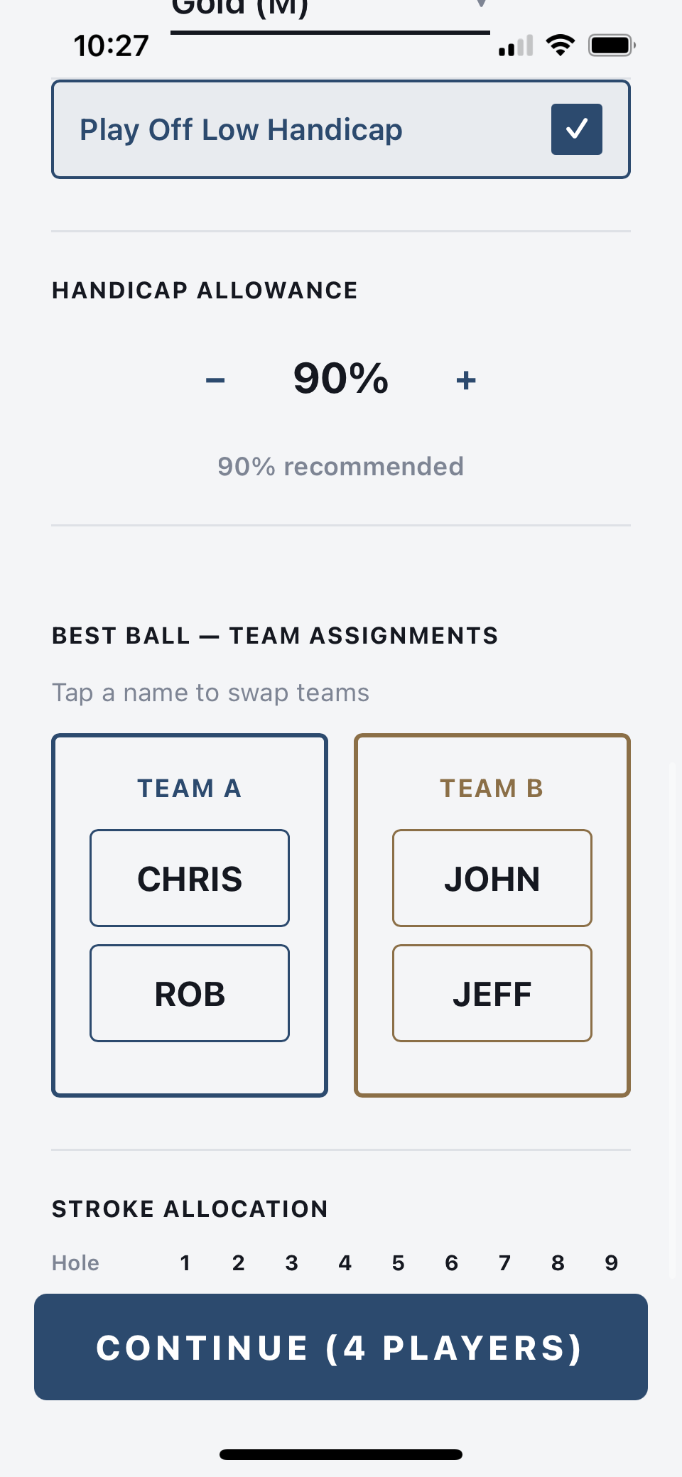 Player handicaps and stroke allocation preview